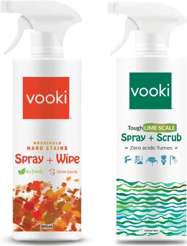 Vooki Eco-Friendly Kitchen Cleaning Spray & Lime Scale Remover Combo for Bathroom, Tap, Hard Water Stains, Gas Stove, Chimney, Tough Grease & Stains,